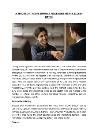 A REPORT OF THE IIFT SUMMER PLACEMENT MBA-IB 2022-24 BATCH