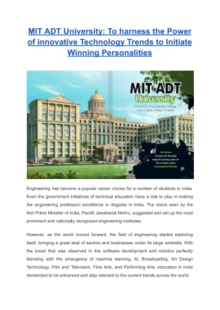 MIT ADT University To harness the Power of innovative Technology Trends to Initiate Winning Personalities