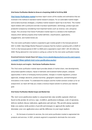 Viral Vector Purification Market to Grow at a Surprising CAGR of 14.2 by 2028