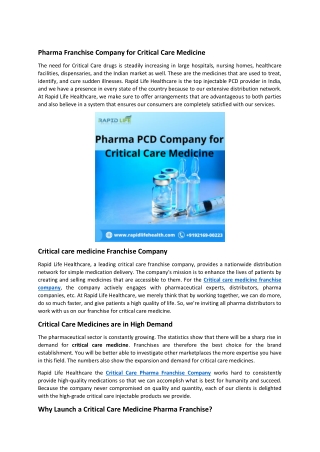 Critical care injectable PCD Pharma Franchise in India