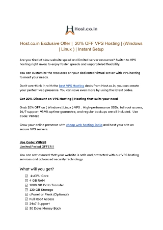 Host.co.in Exclusive Offer |  20% OFF VPS Hosting | (Windows | Linux )