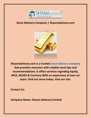 Stock Advisory Company | Shyamadvisory.com