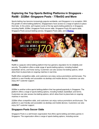 Exploring the Top Sports Betting Platforms in Singapore - Rai88 - 222Bet -Singapore Pools - 77BetSG and More