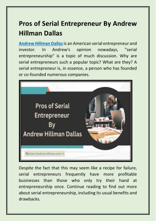 Pros of Serial Entrepreneur By Andrew Hillman Dallas