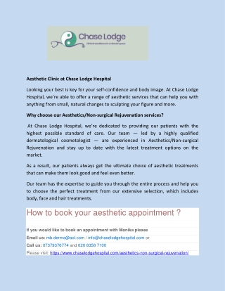 Aesthetic Clinic at Chase Lodge Hospital