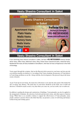 Vastu Shastra Consultant in Saket  91-9873530830