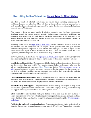 Recruiting Indian Talent For Expat Jobs In West Africa