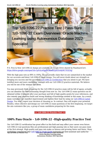Top 1z0-1096-22 Practice Test | Pass-Sure 1z0-1096-22 Exam Overviews: Oracle Machine Learning using Autonomous Database