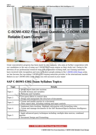 C-BOWI-4302 Free Exam Questions, C-BOWI-4302 Reliable Exam Dumps