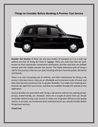 Things to Consider Before Booking A Premier Taxi Service