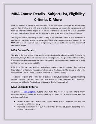 MBA Course Details - Subject List, Eligibility Criteria, & More