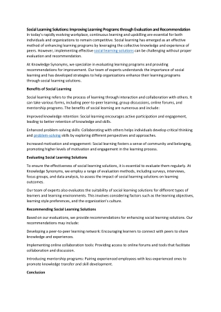Social Learning Solutions: Improving Learning Programs through Evaluation and Re