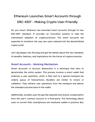 Ethereum Launches Smart Accounts through ERC-4337 - Making Crypto User-Friendly