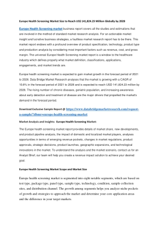 Europe Health Screening Market Size to Reach US 141,824.23 Million Globally by 2028