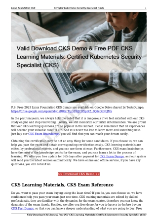 Valid Download CKS Demo & Free PDF CKS Learning Materials: Certified Kubernetes Security Specialist (CKS)
