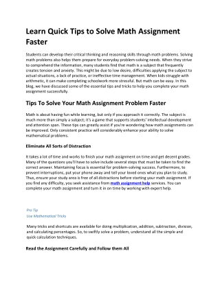 Learn Quick Tips to Solve Math Assignment Faster