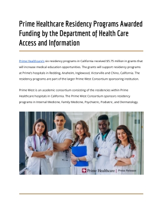 Prime Healthcare Residency Programs Awarded Funding by the Department of Health Care Access and Information