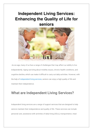 Independent Living Services Enhancing the Quality of Life for Seniors