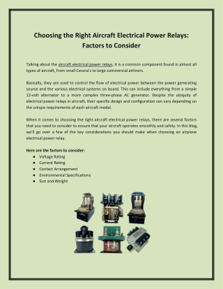 Choosing the Right Aircraft Electrical Power Relays Factors to Consider