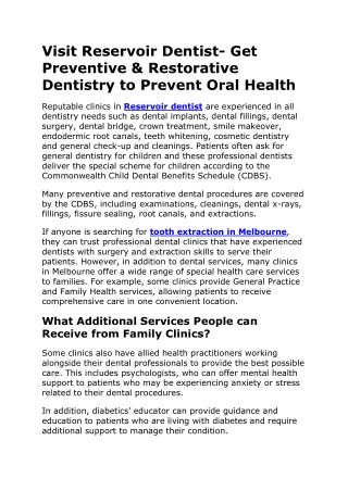 Visit Reservoir Dentist- Get Preventive and Restorative Dentistry to Prevent Oral Health