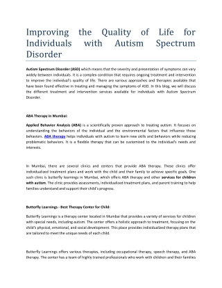 Improving the Quality of Life for Individuals with Autism Spectrum Disorder