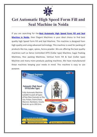 Get Automatic High Speed Form Fill and Seal Machine in Noida