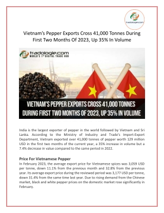 Vietnam’s Pepper Exports Cross 41,000 Tonnes During First Two Months Of 2023, Up