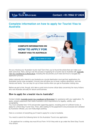 Complete information on how to apply for Tourist Visa to Australia