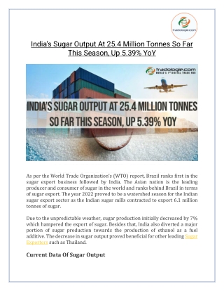 India’s Sugar Output At 25.4 Million Tonnes So Far This Season, Up 5.39% YoY