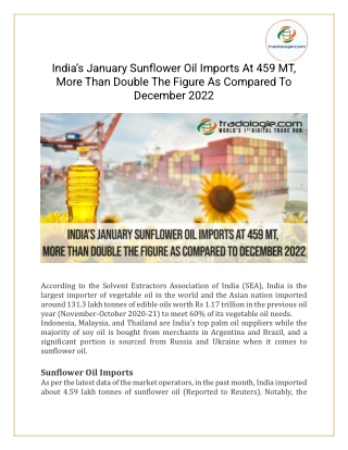 India’s January Sunflower Oil Imports At 459 MT, More Than Double The Figure As