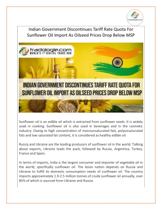 Indian Government Discontinues Tariff Rate Quota For Sunflower Oil Import As Oilseed Prices Drop Below MSP