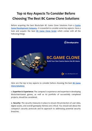 Top 10 Key Aspects To Consider Before Choosing The Best BC Game Clone Solutions
