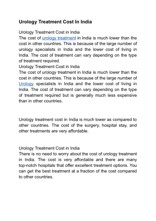 Urology treatment Cost In India