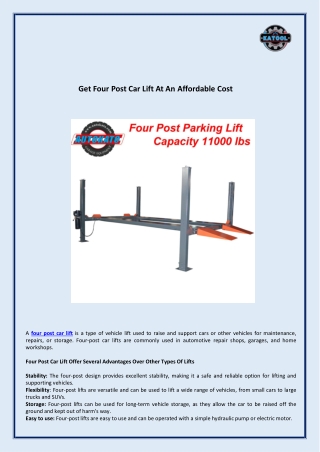 Get Four Post Car Lift At An Affordable Cost