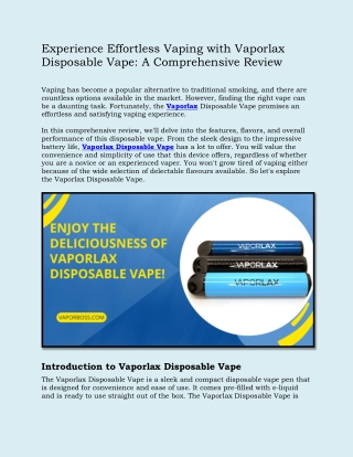 Experience Effortless Vaping with Vaporlax Disposable Vape: A Comprehensive