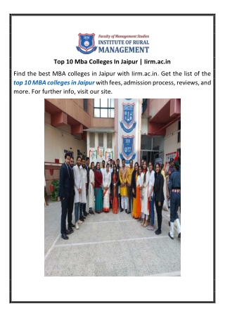 Top 10 Mba Colleges In Jaipur  Iirm.ac.in