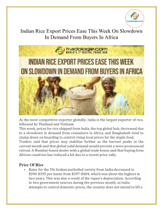Indian Rice Export Prices Ease This Week On Slowdown In Demand From Buyers In Africa