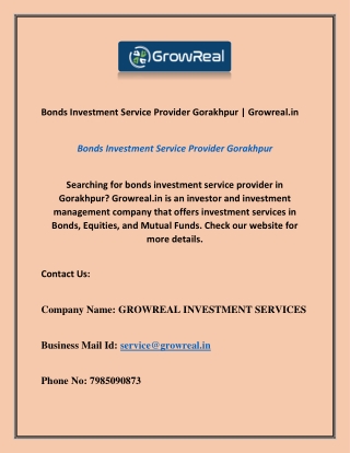 Bonds Investment Service Provider Gorakhpur | Growreal.in