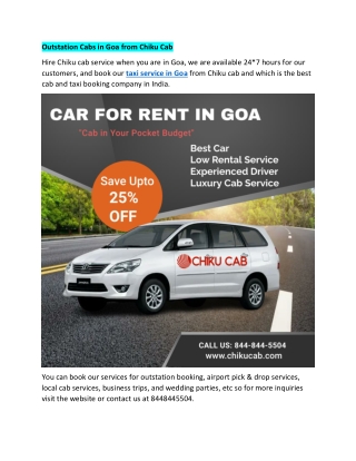 Outstation Cabs in Goa from Chiku Cab