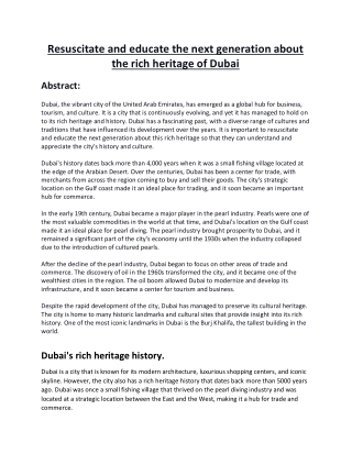 Resuscitate And Educate The Next Generation About The Rich Heritage Of Dubai