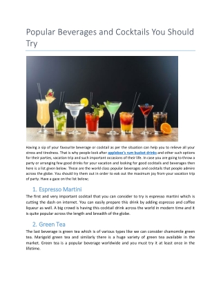 Popular Beverages and cocktails you should try