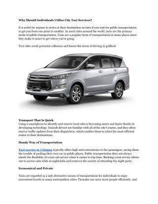 Why Should Individuals Utilize City Taxi Services