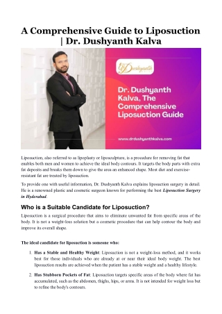 A Comprehensive Guide to Liposuction, Dr. Dushyanth Kalva