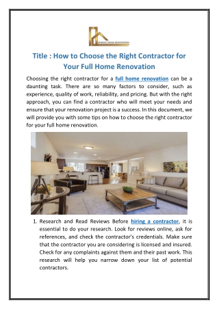 How to Choose the Right Contractor for  Your Full Home Renovation