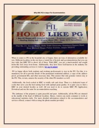 Why KRC PG In Jaipur For Accommodation