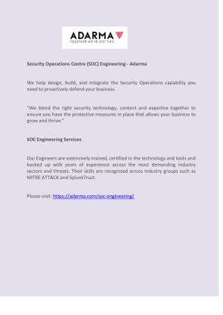 Security Operations Centre (SOC) Engineering - Adarma