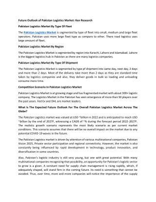 Future Outlook of Pakistan Logistics Market