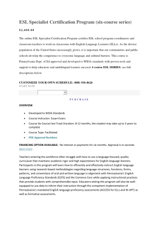 ESL PROGRAM SPECIALIST CERTIFICATION PENNSYLVANIA DEPARTMENT OF EDUCATION
