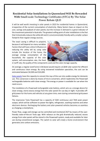 Residential Solar Installations In Queensland Will Be Rewarded With Small-scale Technology Certificates (STCs) By The So