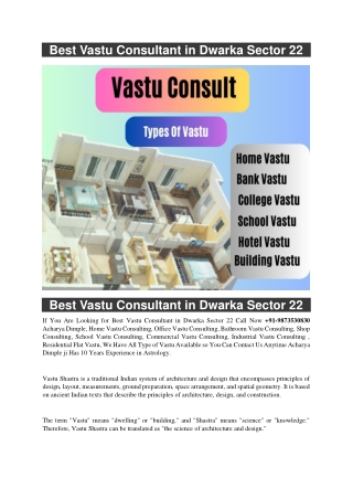 Best Vastu Consultant in Dwarka Sector 22  91-9873530830